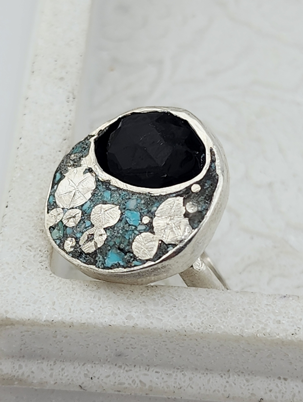 ONYX & INLAY TURQUOISE  MOON RING HANDCRAFTED RECYCLED STERLING SILVER 8.3/4